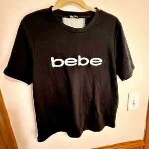 Bebe Black Logo Chenille Embroidered T-Shirt Short Sleeve Top Mesh‎ Size L